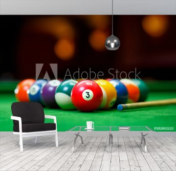 Picture of Billiard balls in a green pool table